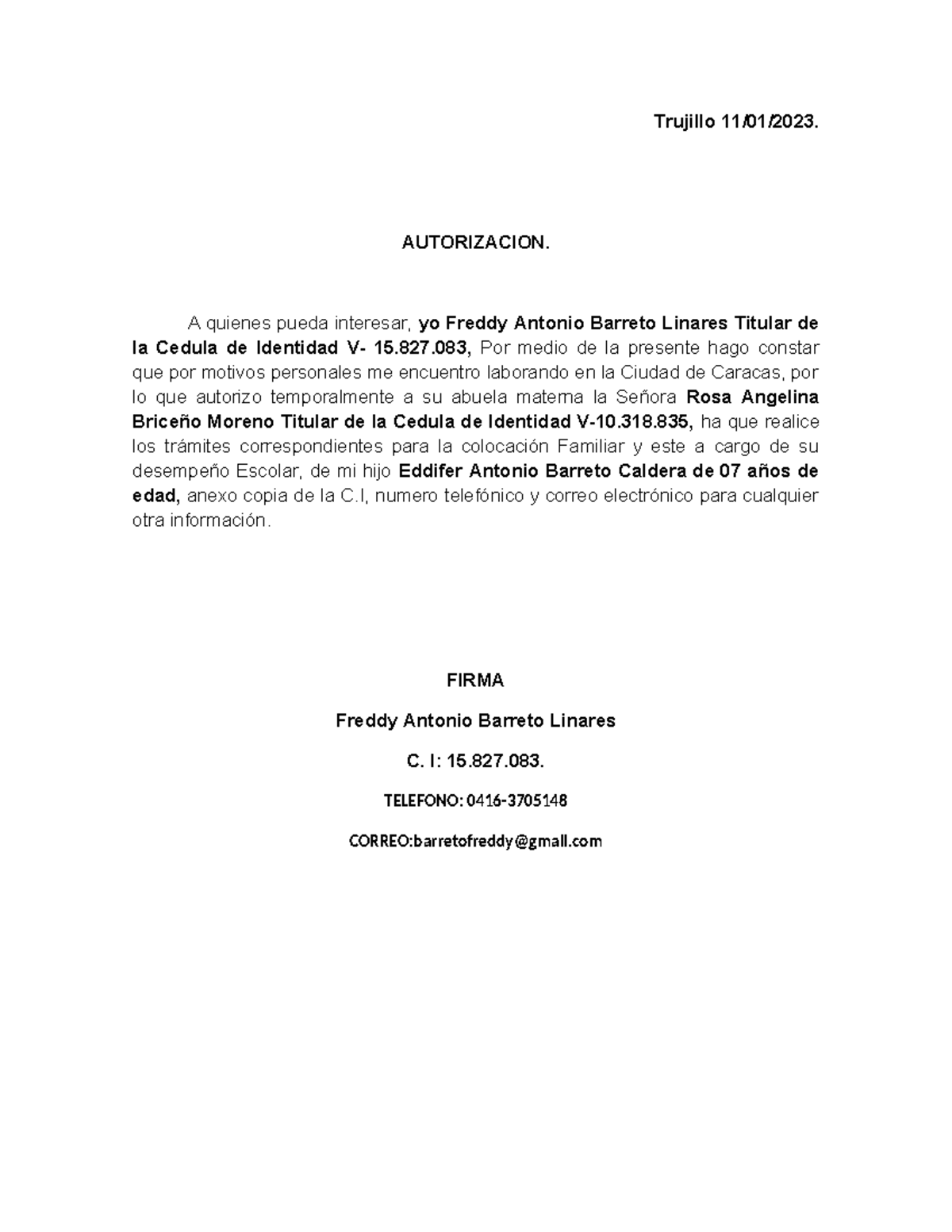 Autorizacion - documento para autorizar - Trujillo 11/01/2023 ...