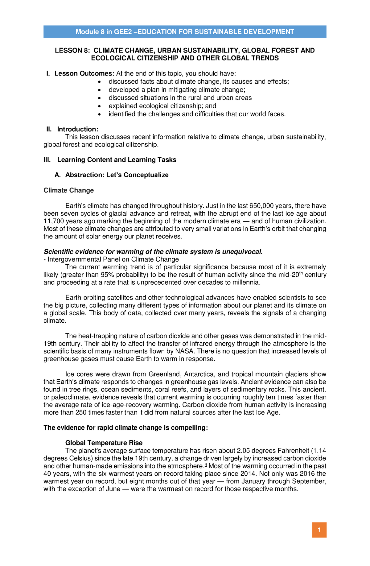 ESD Module 8 - Environmental Sustainability - LESSON 8: CLIMATE CHANGE ...