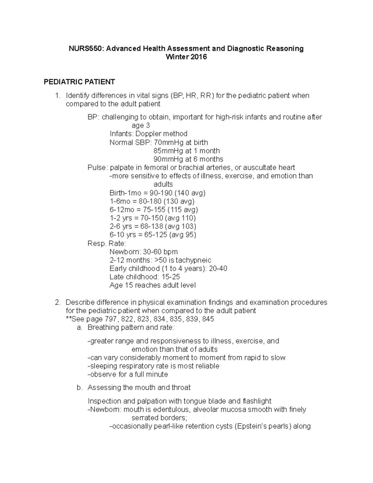 NURS 550 Final Exam Study Guide - NURS550: Advanced Health Assessment ...