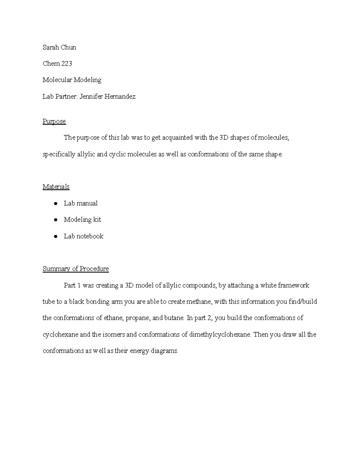 Molecular Modeling Lab - Sarah Chun Chem 223 Molecular Modeling Lab ...