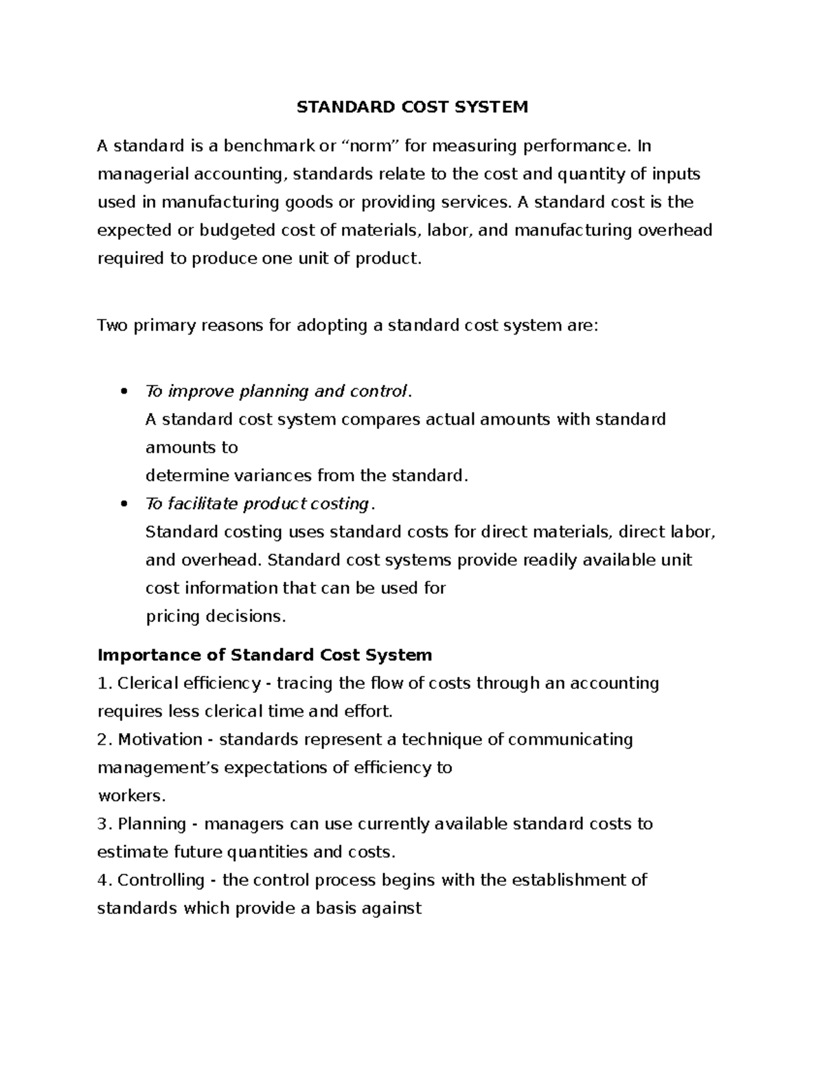 Standard cost system Managerial Accounting & Control I University