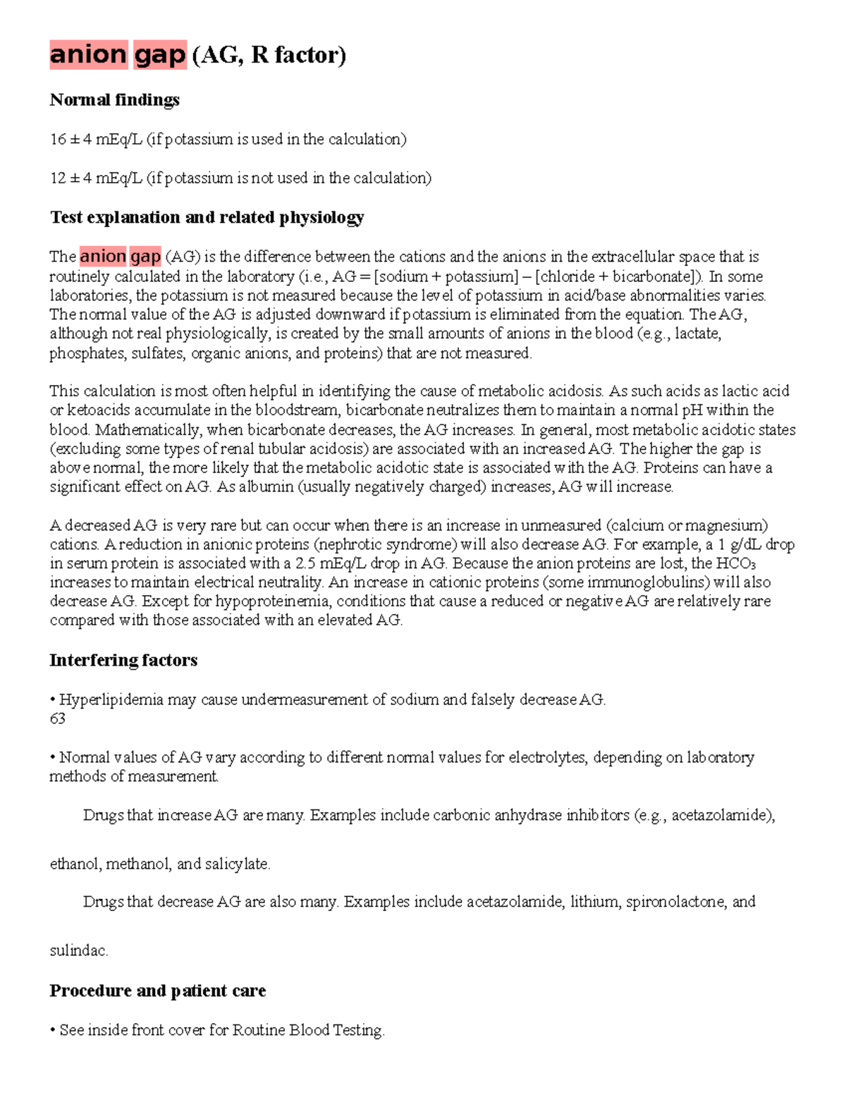 Blood urine chem interp - anion gap (AG, R factor) Normal findings 16 ± ...