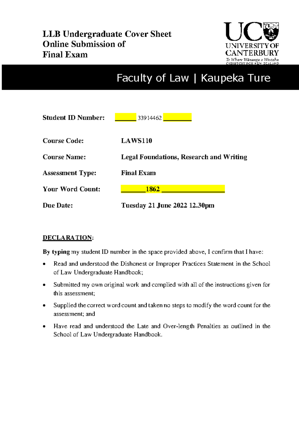 LAWS110 Final Exam - Legal Foundations - LLB Undergraduate Cover Sheet ...