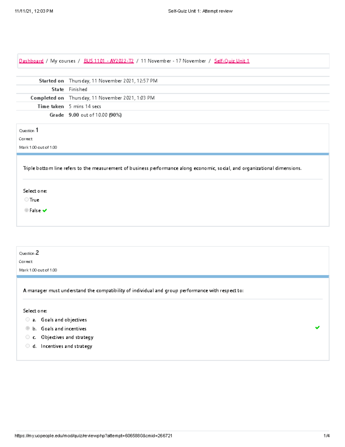 Self-Quiz Unit 1 Attempt review 3 BUS 1101 - Started on Thursday, 11 ...