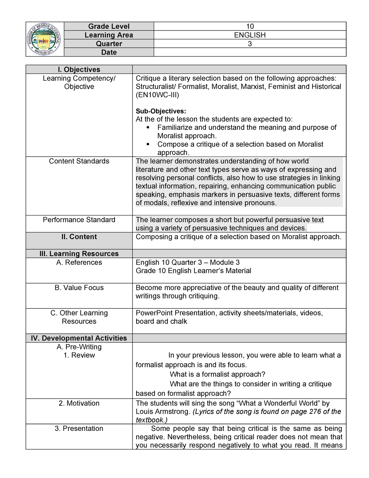 DLP Q3 MELC4 -2-DAY-2 - LESSON PLAN - Grade Level 10 Learning Area ...