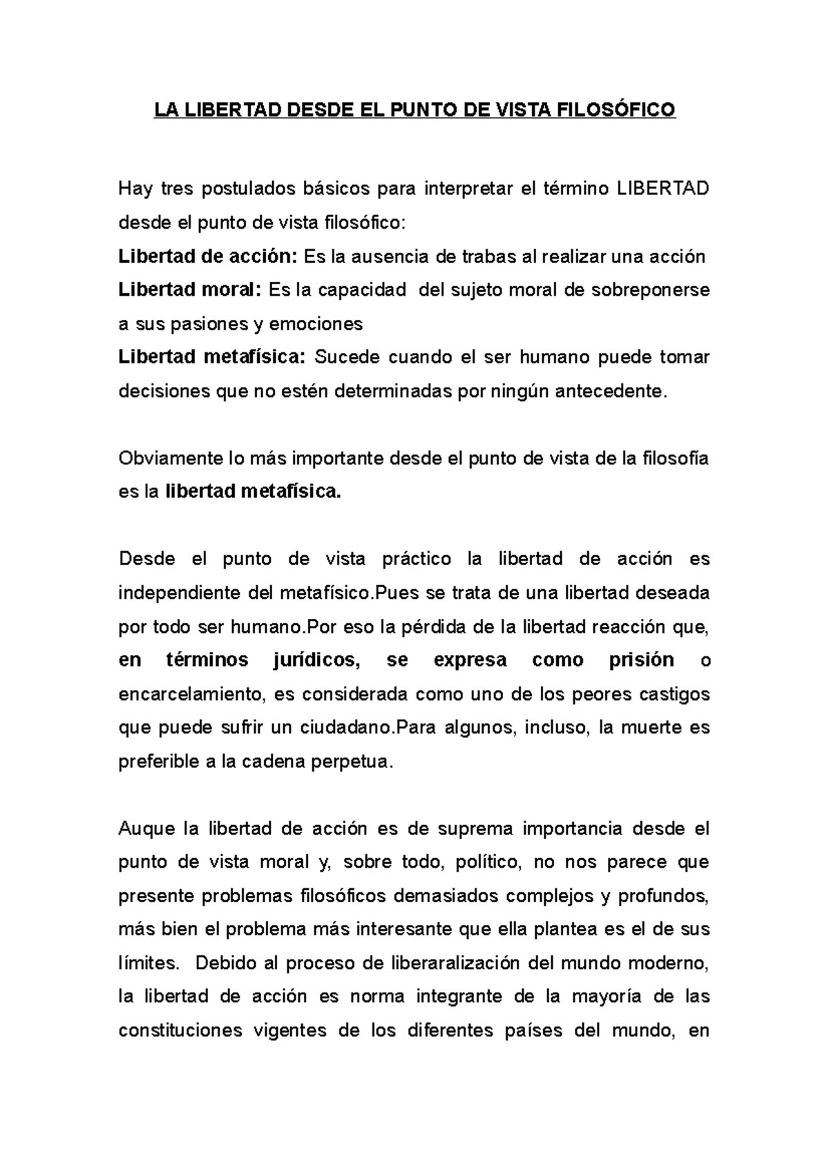 LA Libertad Desde EL Punto DE Vista Filosófico LA LIBERTAD DESDE EL PUNTO DE VISTA FILOSÓFICO