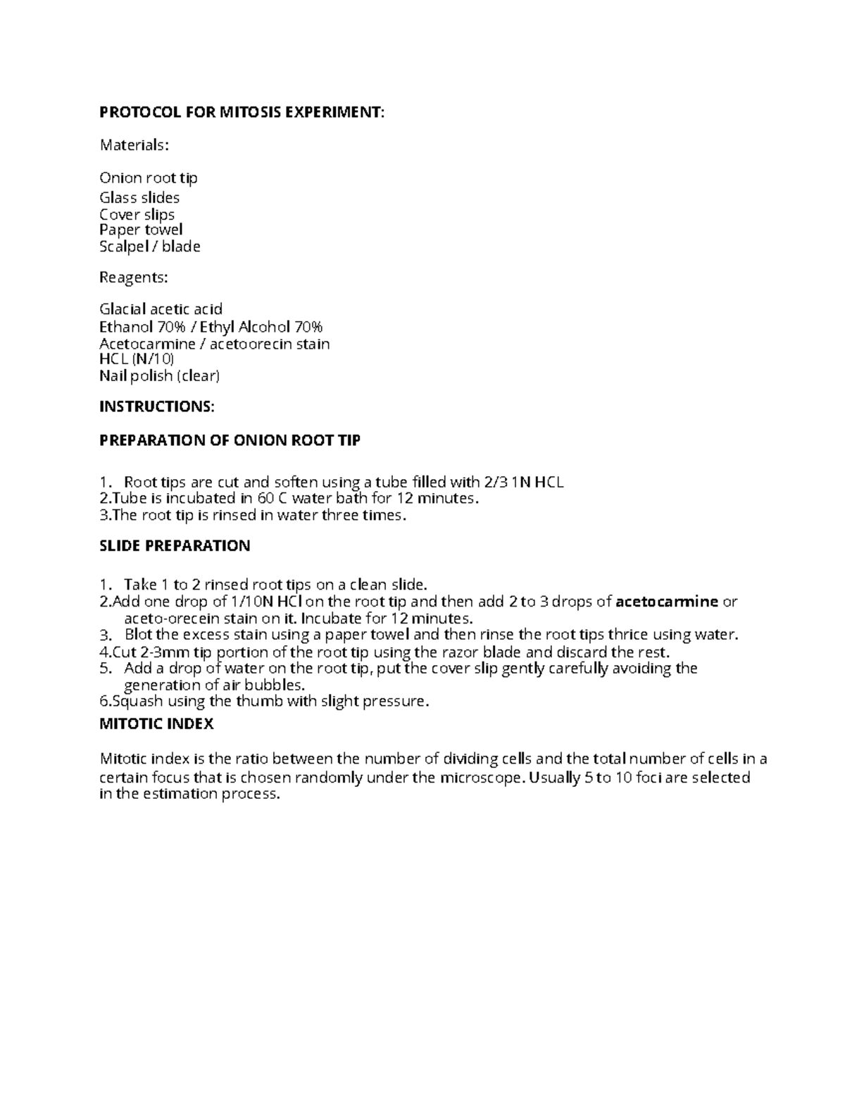 Mitosis ORT - genetics laboratory - PROTOCOL FOR MITOSIS EXPERIMENT ...