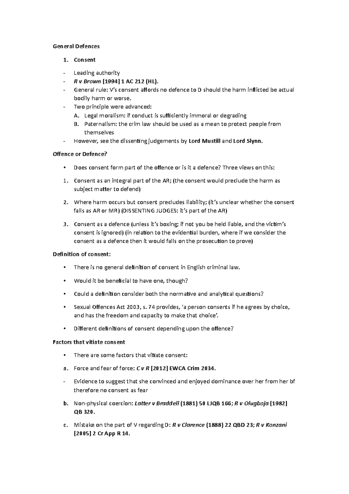 Crim-General Defences notes - General Defences 1. Consent - Leading ...