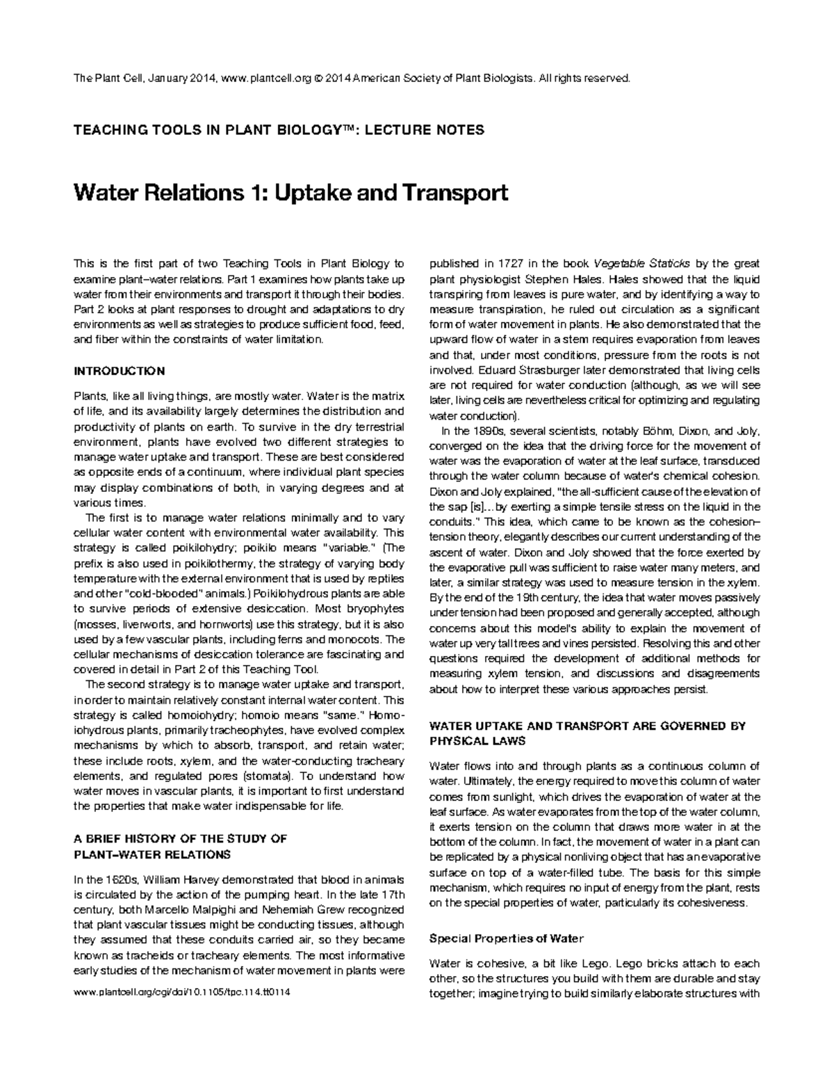 Water Relations 1 Uptake and Transport TEACHING TOOLS IN PLANT