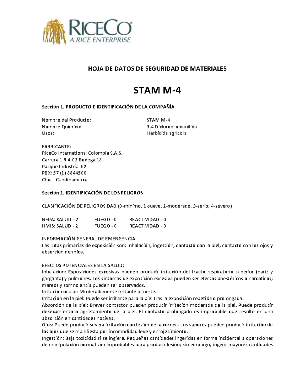 MSDS- STAM M-4 - UNA HOJA DE SEGURIDAD, DE UN PRODUCTO QUIMICO LLAMADO ...