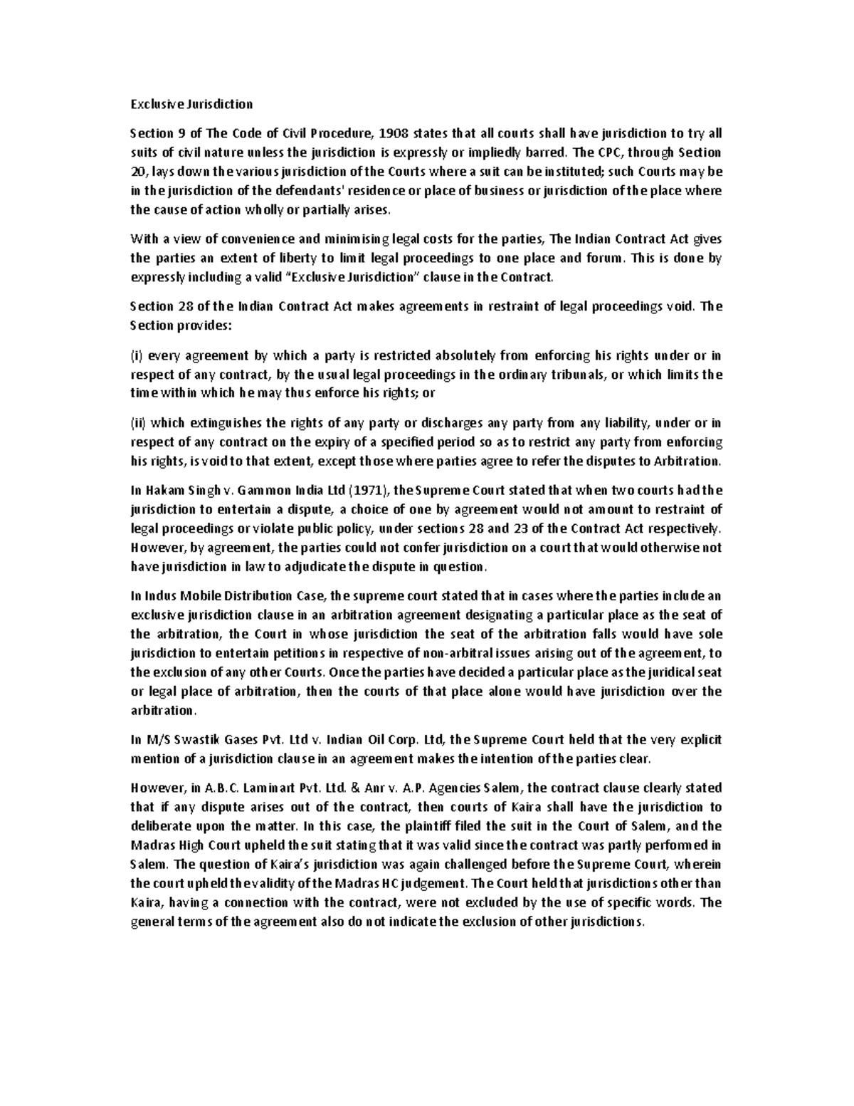 Exclusive Jurisdiction Exclusive Jurisdiction Section 9 of The Code of Civil Procedure, 1908