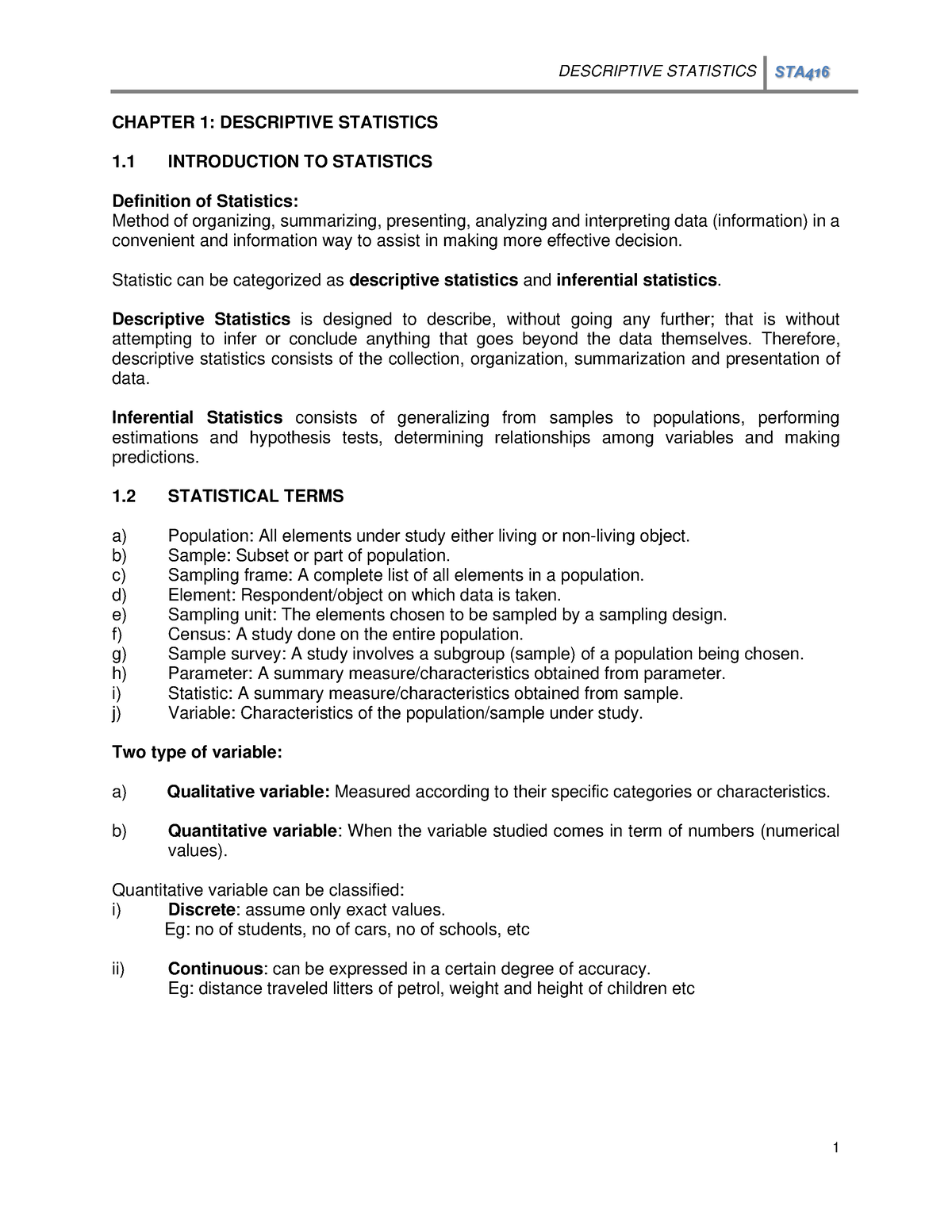 Chapter 1 Descriptive Statistics Chapter 1 Descriptive Statistics 1 Introduction To