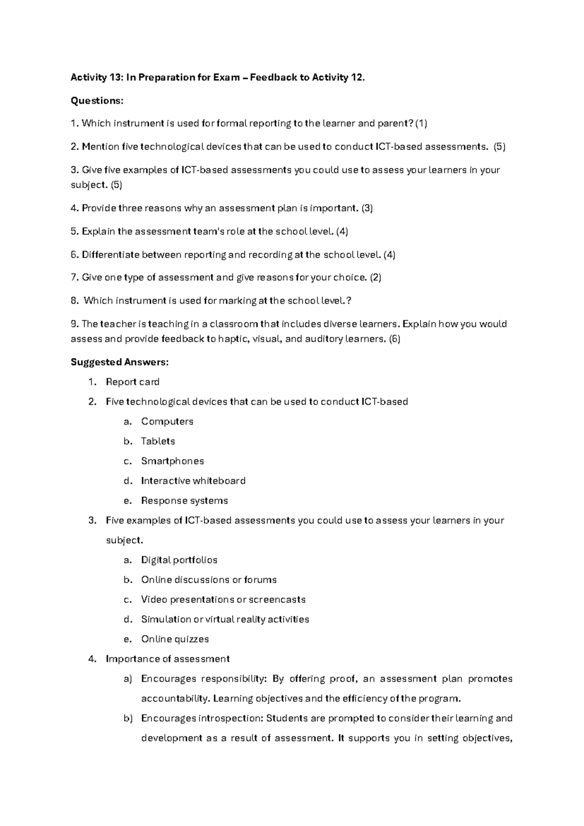 Activity 13 In Preparation for Exam Feedback to Activity 12 - Activity ...