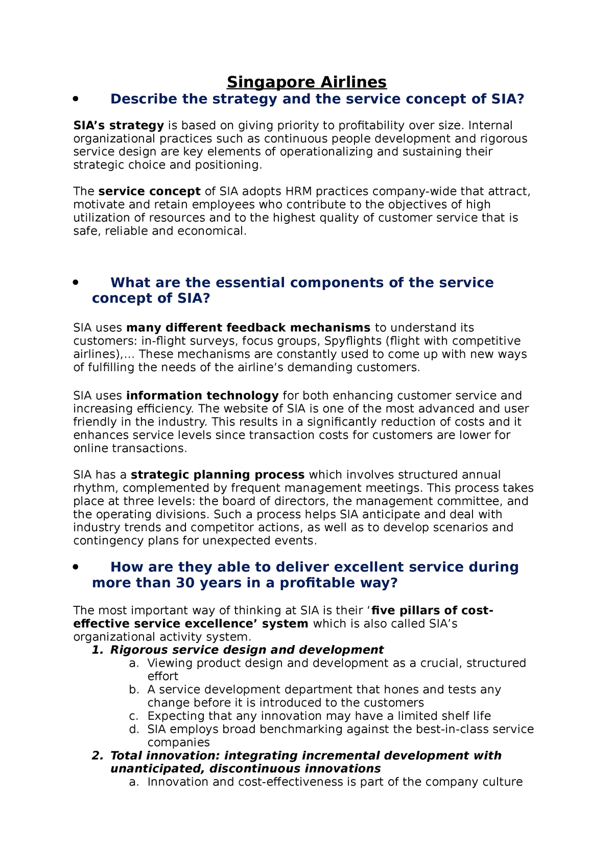 Paper 1 SIA - Vragen bij case Singapore Airlines opgelost - Singapore ...