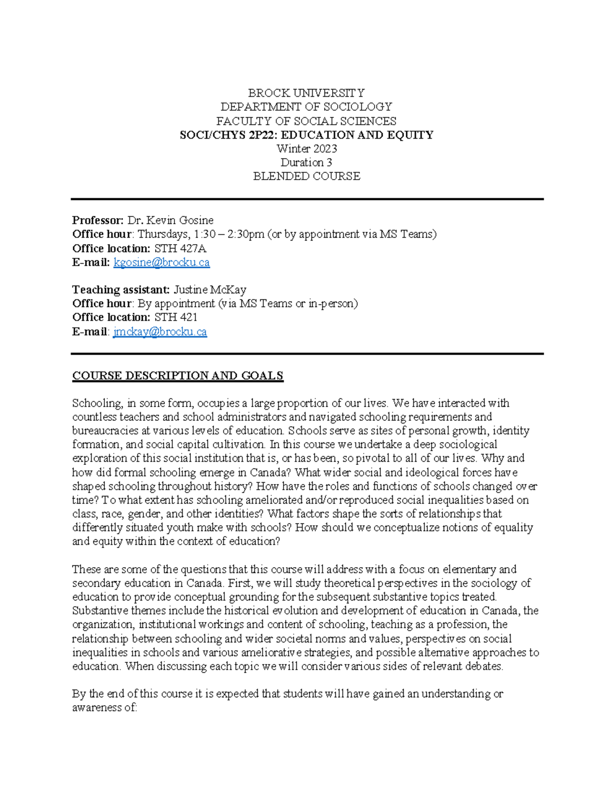 Crim 2p22 syllabus BROCK UNIVERSITY DEPARTMENT OF SOCIOLOGY FACULTY