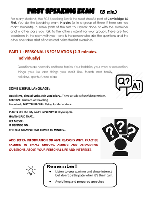 B2 First Speaking Part 1 Practice - B2 First Speaking Part 1 Practice ...