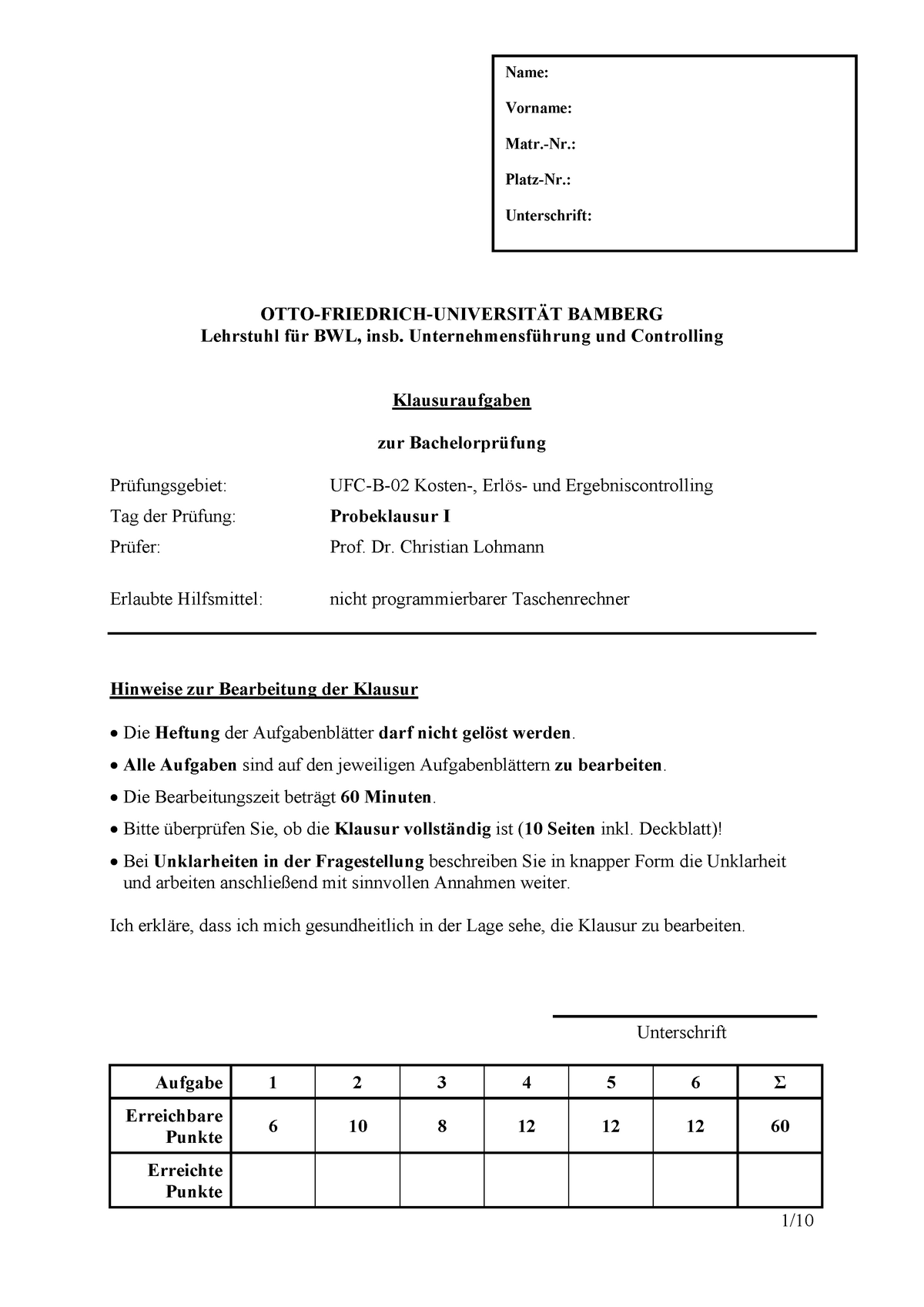 Probeklausur I - OTTO-FRIEDRICH-UNIVERSITÄT BAMBERG Lehrstuhl Für BWL ...