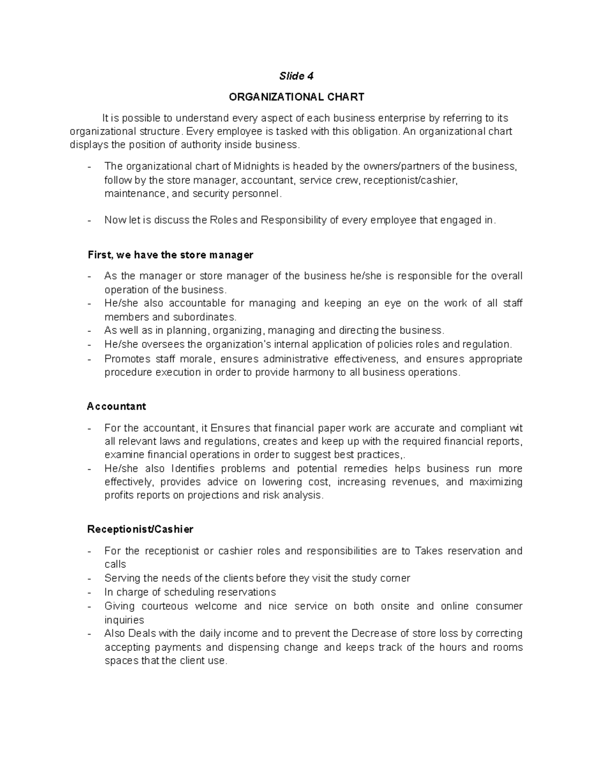 Slide-4 - Lecture notes for Feasibility - Slide 4 ORGANIZATIONAL CHART ...