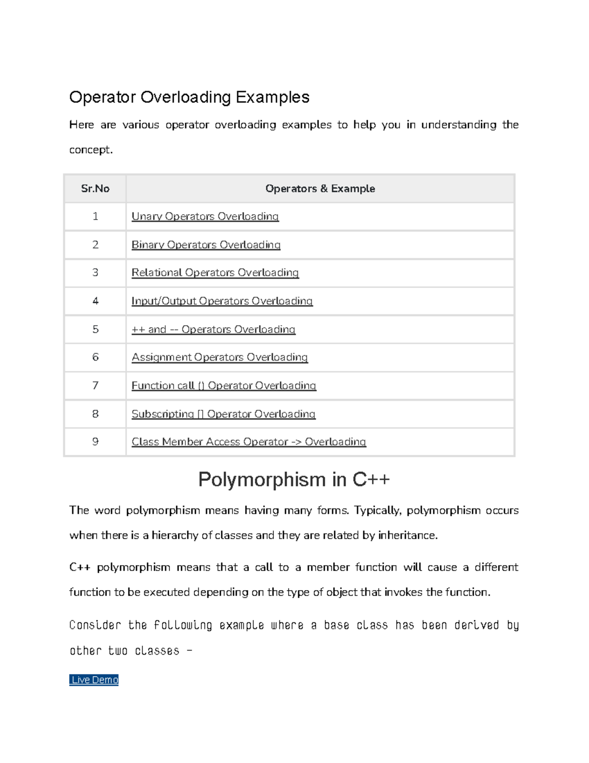 Operator Overloading Examples - Sr Operators & Example 1 Unary ...
