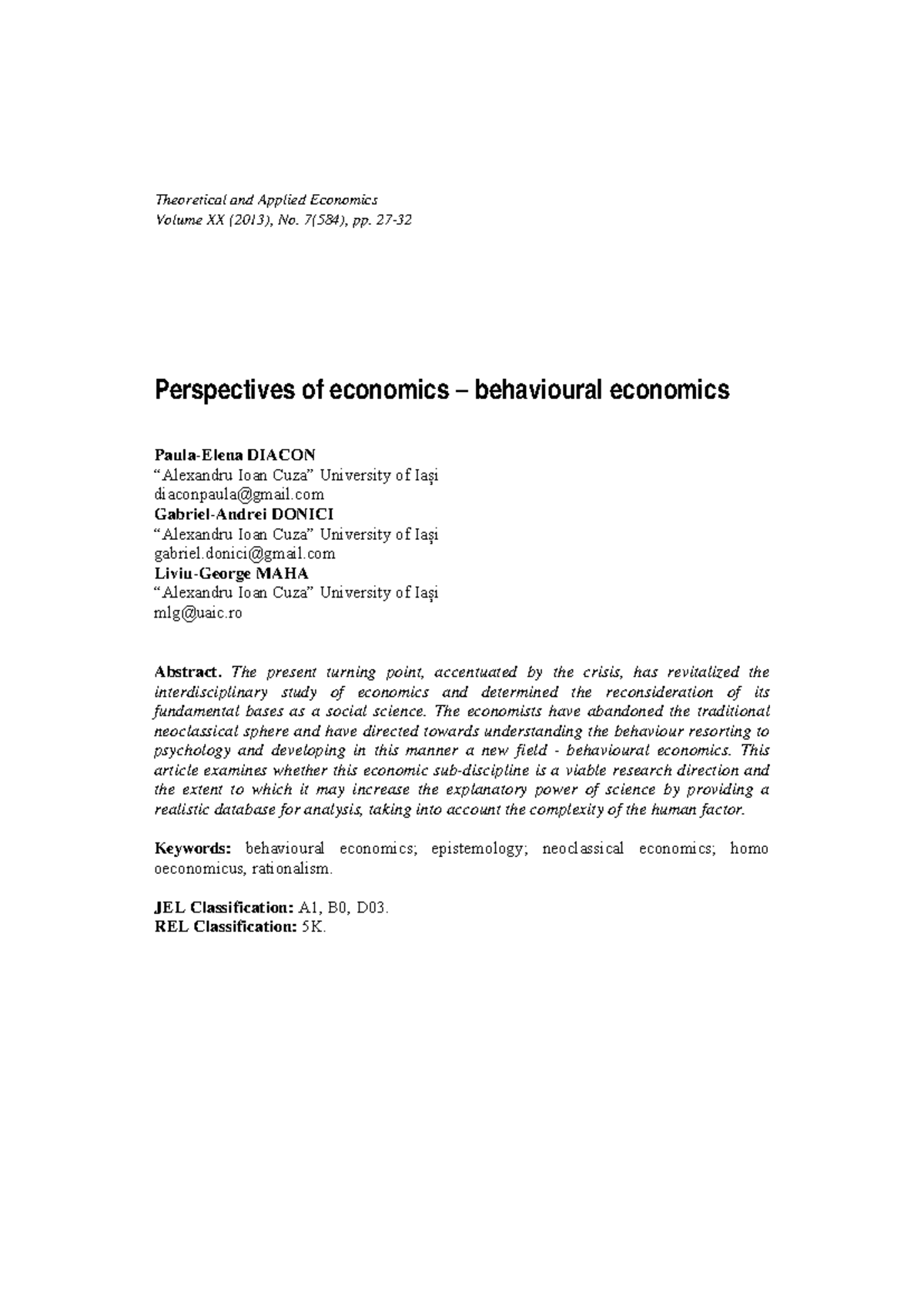 Perspectives of economics behavioural ec - The present turning point ...