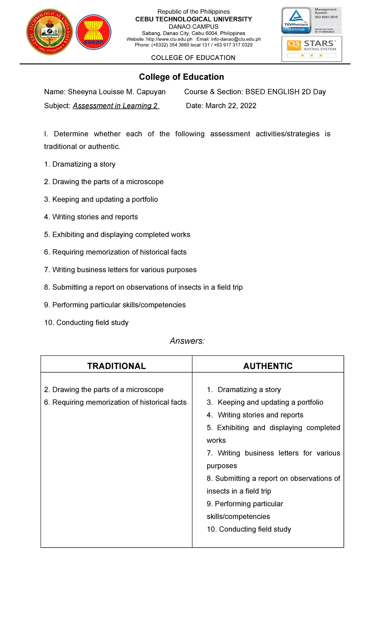 Activity 1 - AL2 - Determine whether each of the following assessment ...