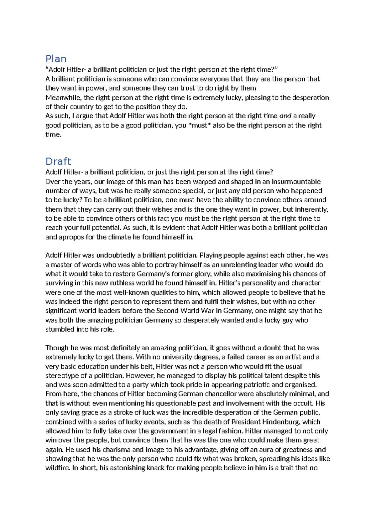 Adolf Hitler Essay Draft - Plan “Adolf Hitler- a brilliant politician ...