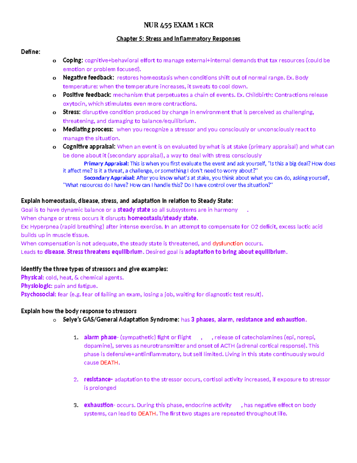 455 EXAM 1 KCR - NUR 455 EXAM 1 KCR Chapter 5: Stress and Inflammatory ...
