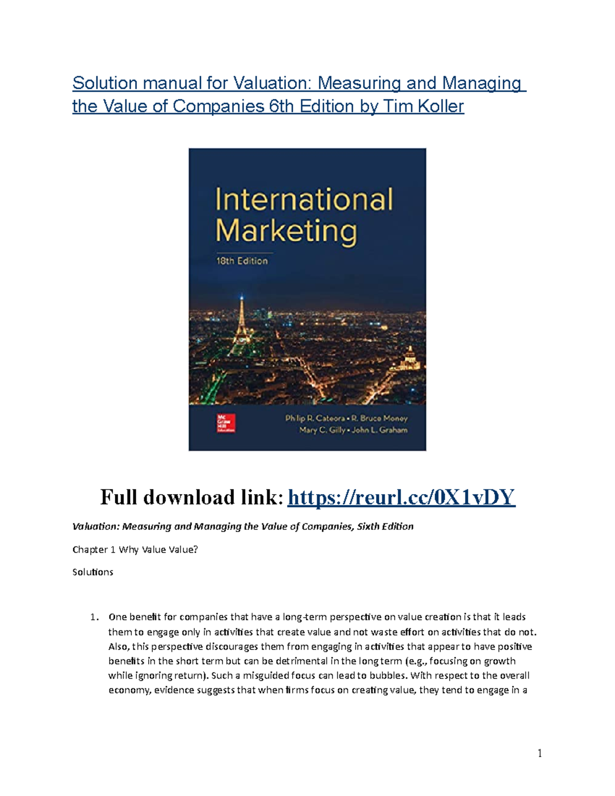 Solution manual for Valuation Measuring and