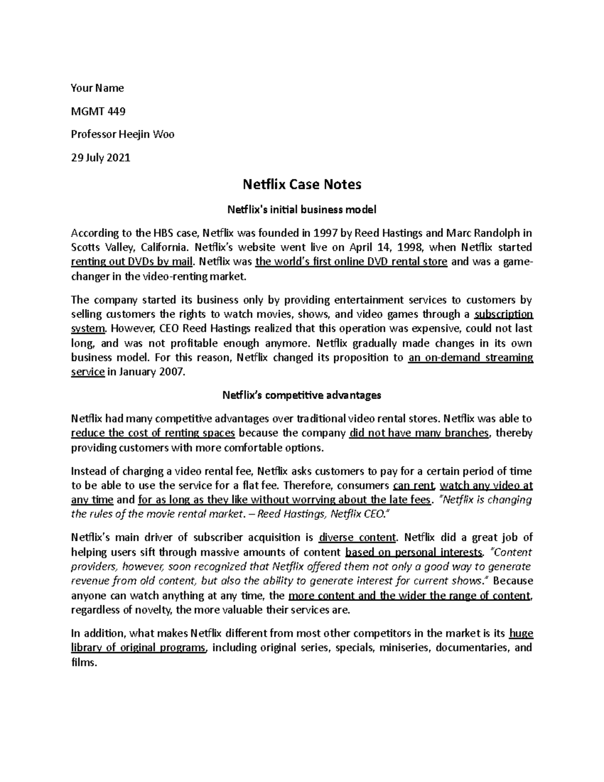 MGMT 449 - Netflix Case Note - Your Name MGMT 449 Professor Heejin Woo ...