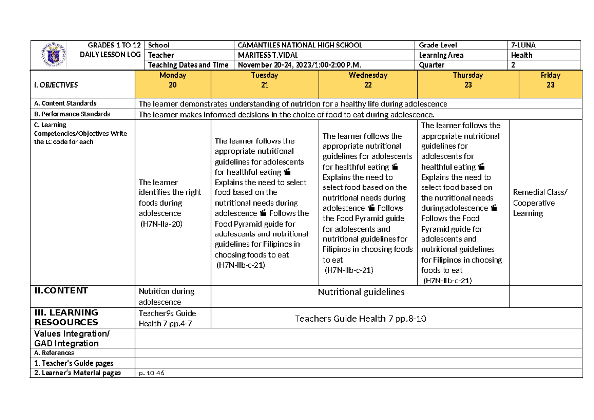 DLL Mapeh Health Q2 W1 2023 2024 - GRADES 1 TO 12 DAILY LESSON LOG ...