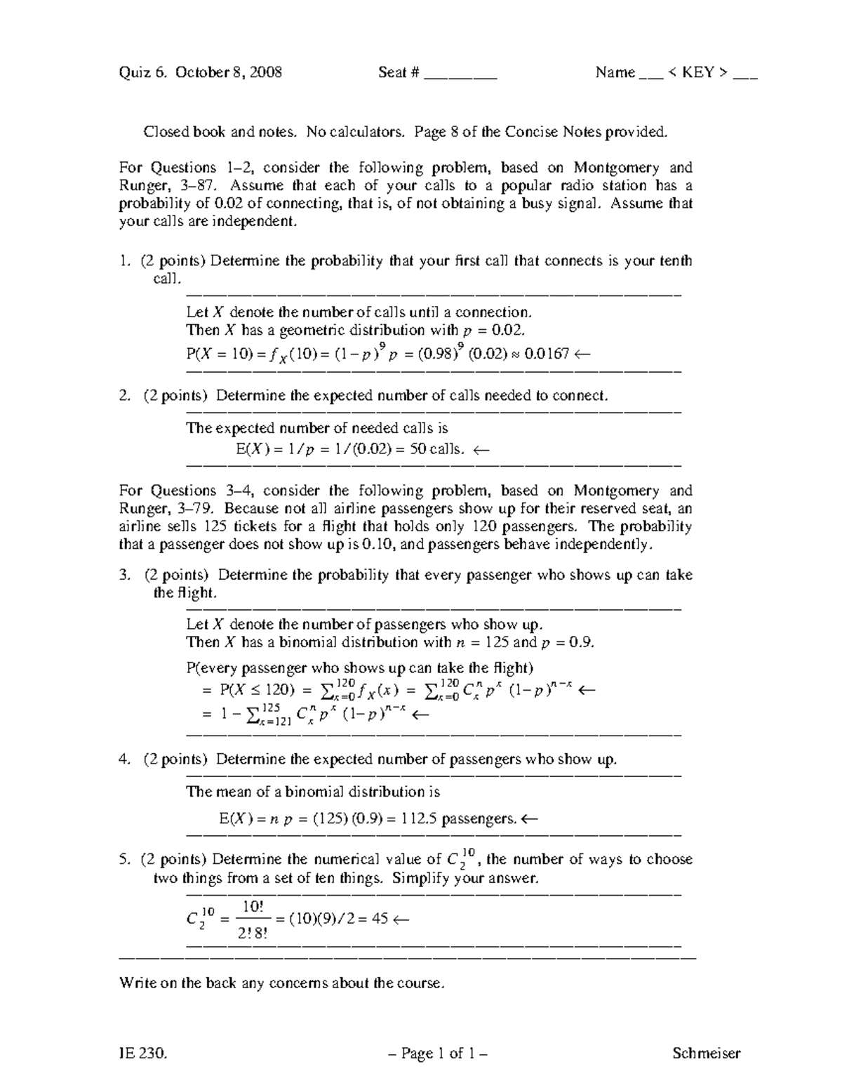 Quiz6-key - For engineering data analysis, discrete. introduces ...