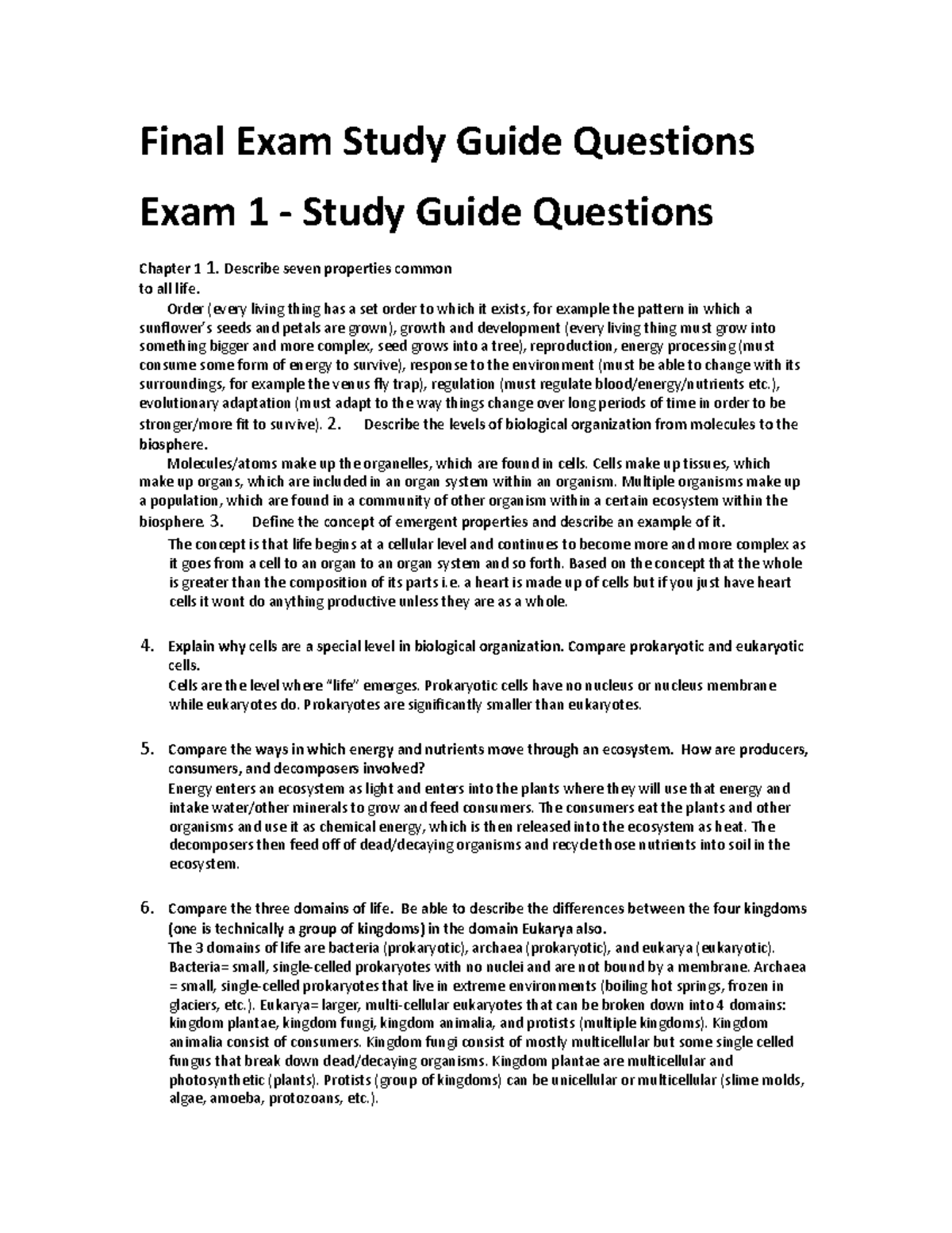 Final Exam Study Guide Questions - Describe seven properties common to ...