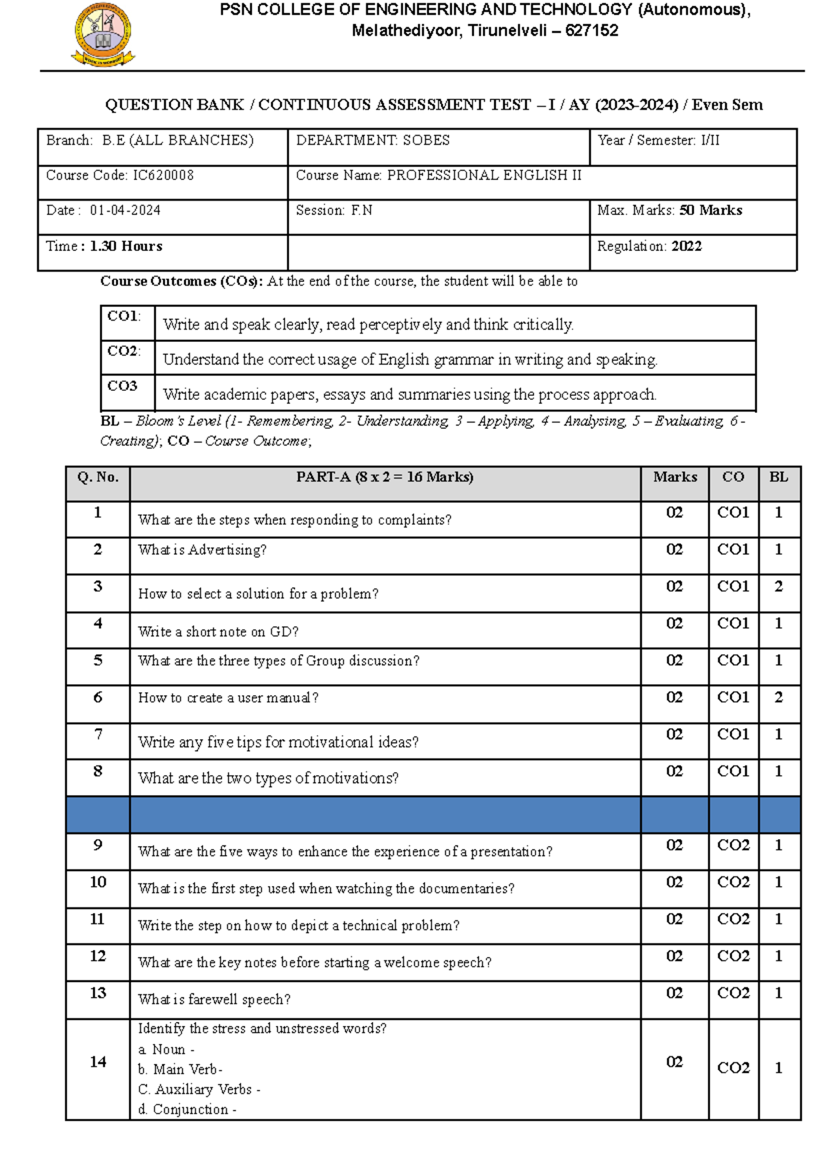 CAT-I- QB-PEII - Tpde questions - QUESTION BANK / CONTINUOUS ASSESSMENT ...