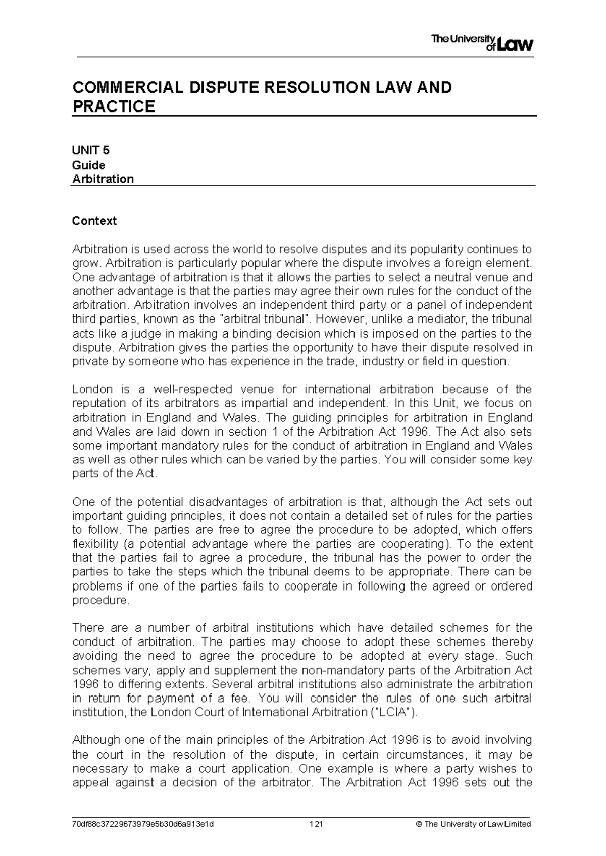 Workshop - COMMERCIAL DISPUTE RESOLUTION LAW AND PRACTICE UNIT 5 Guide ...