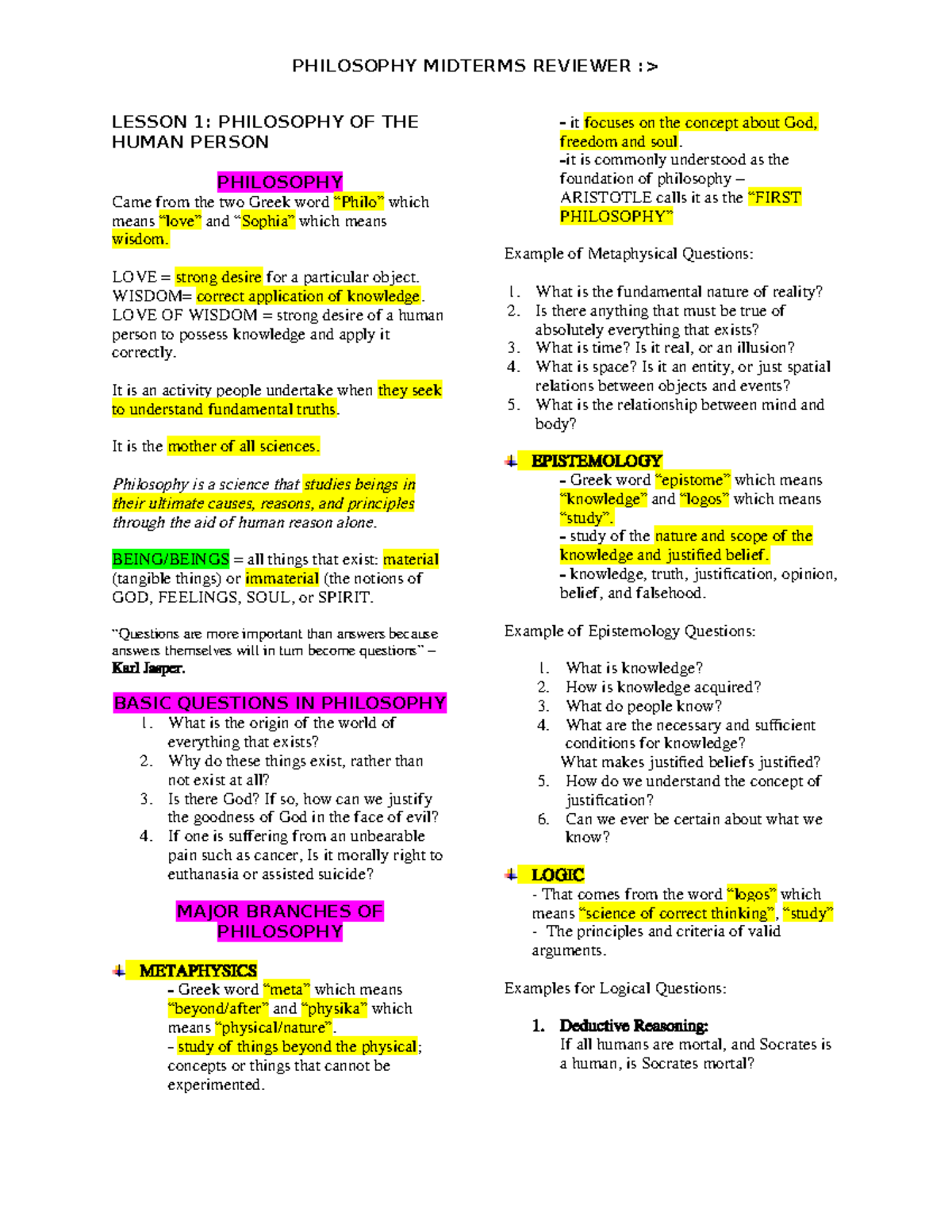 Philosophy 1st Semester Midterm Reviewer - PHILOSOPHY MIDTERMS REVIEWER ...