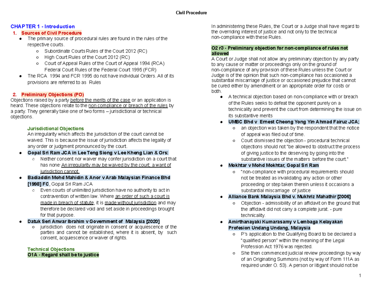 CLP Civil Procedure - CHAPTER 1 - Introduction Sources of Civil ...