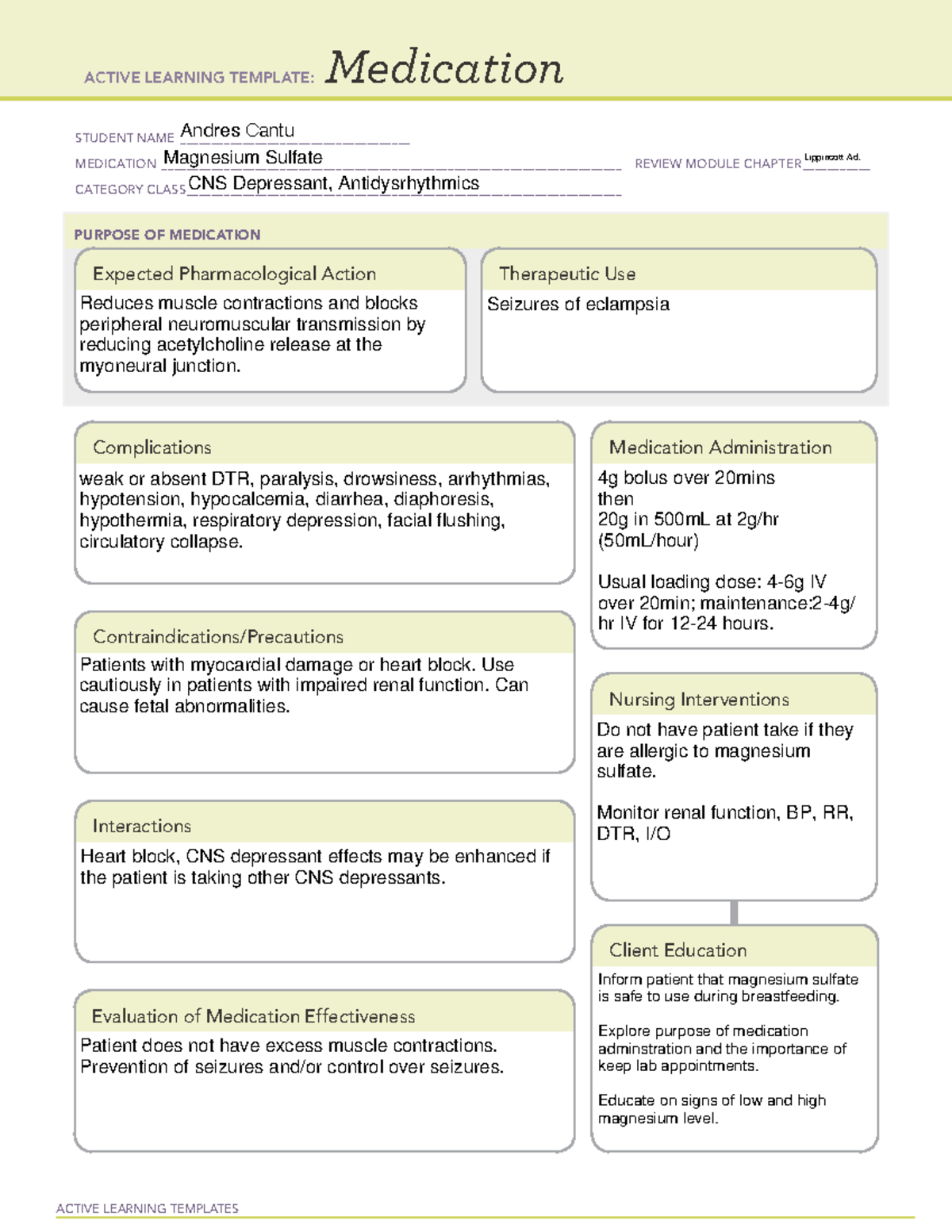 ATI Medication Magnesium Sulfate (Antidysrhythmics) - ACTIVE LEARNING ...