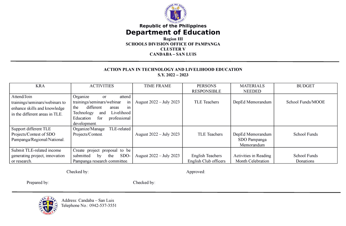 Action PLAN IN TLE Cluster V - Republic of the Philippines Department ...