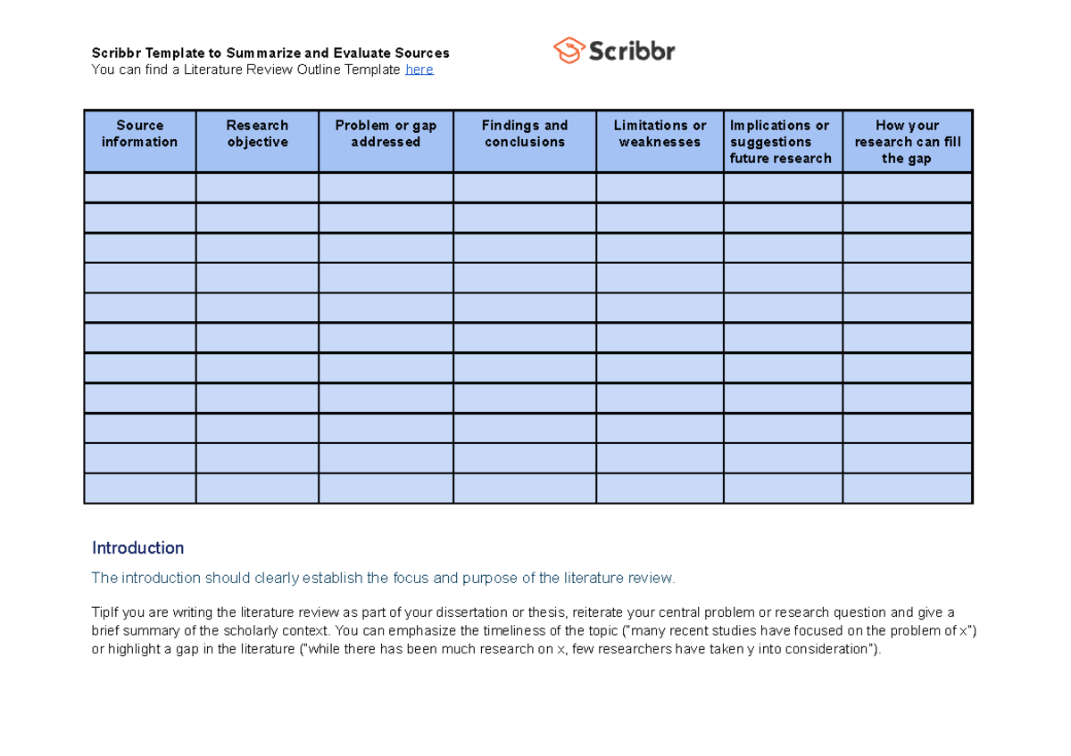 Evaluating Sources Literature Review Template - Scribbr Template to ...