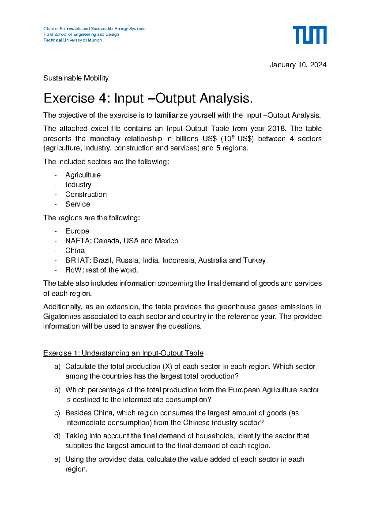 Exercise 4 Input-Output Analysis - Chair of Renewable and Sustainable ...