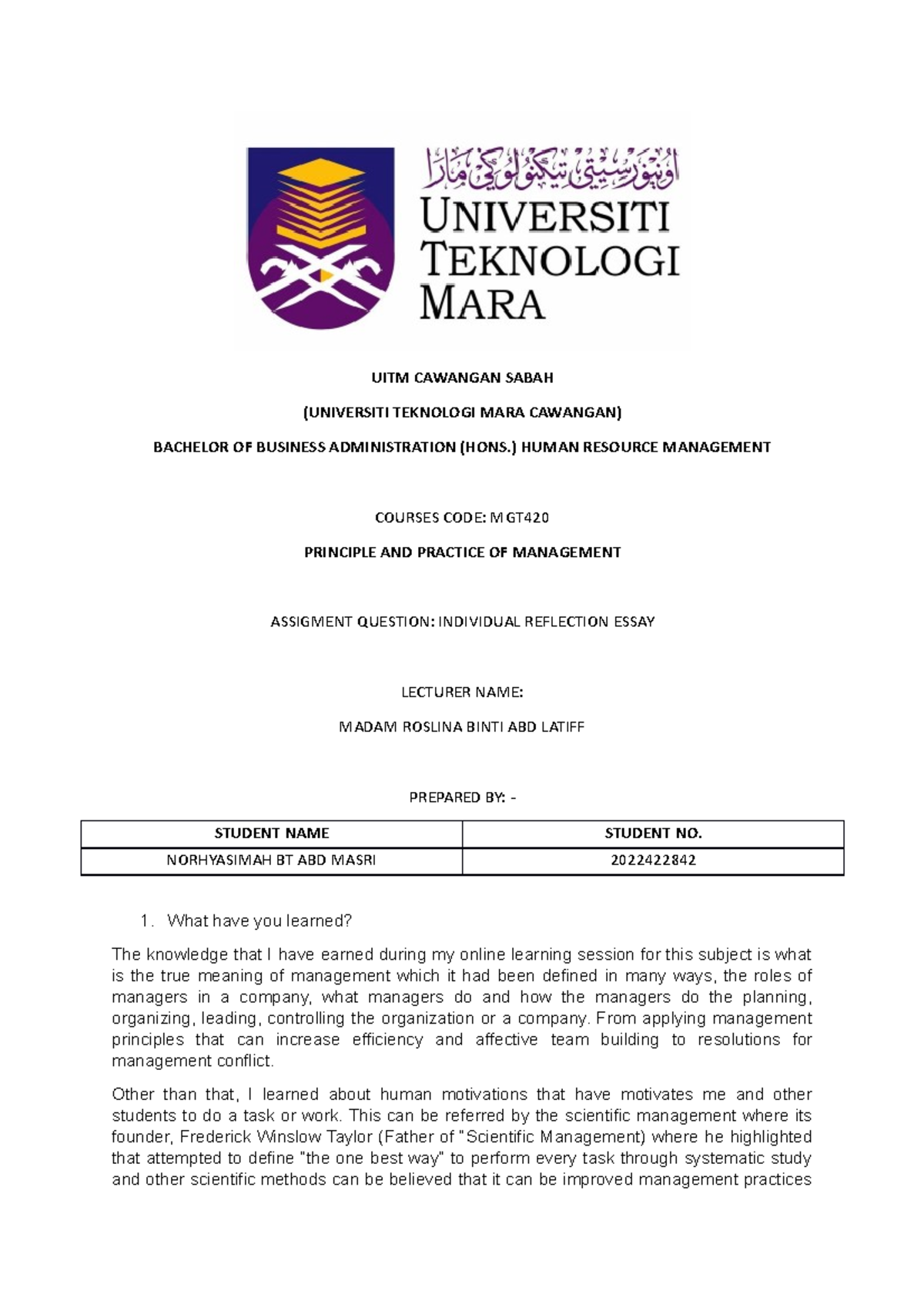 reflective essay uitm