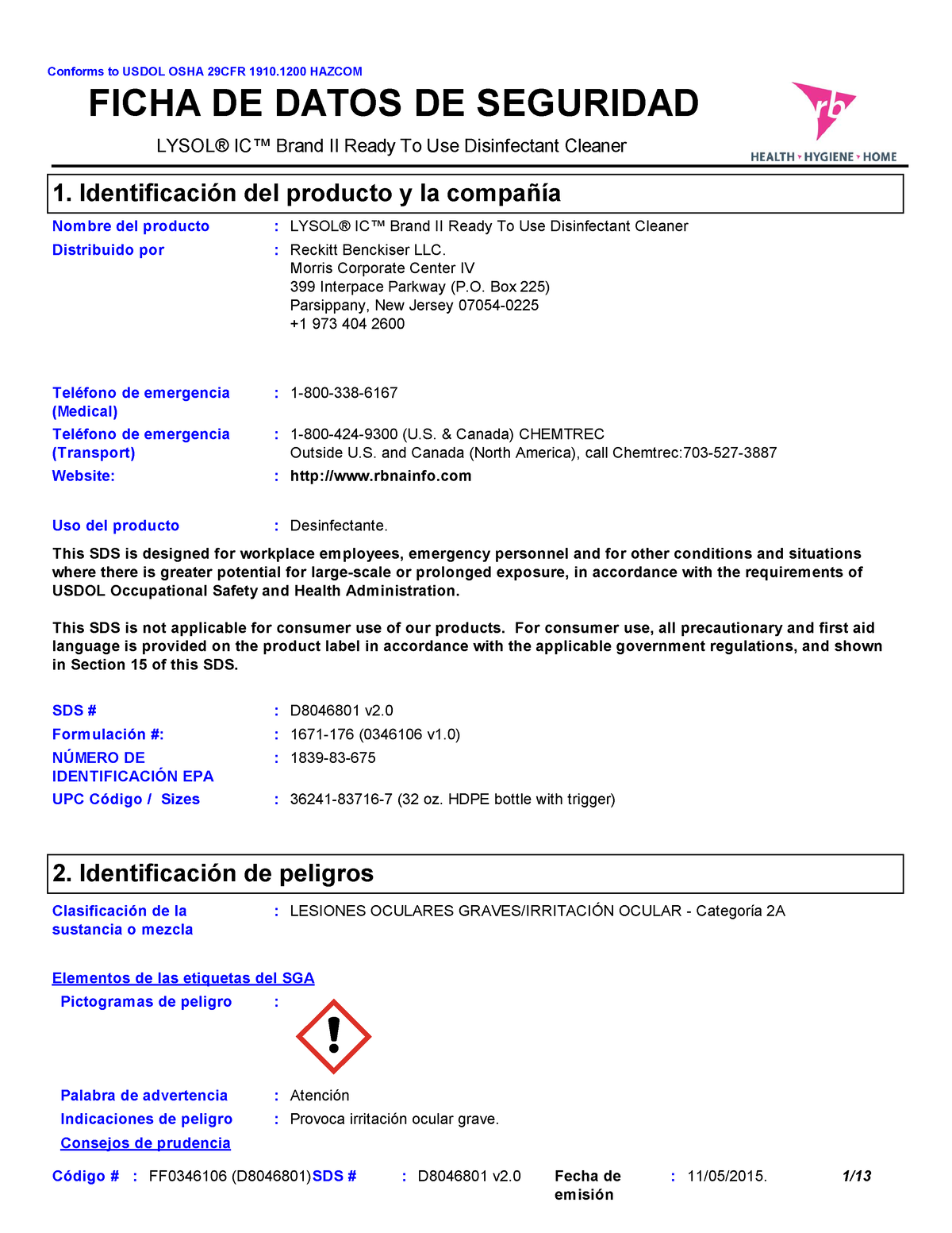 601 603 Spanish Lysol Hoja De Seguridad Lysol® Ic™ Brand Ii Ready To Use Disinfectant 3647