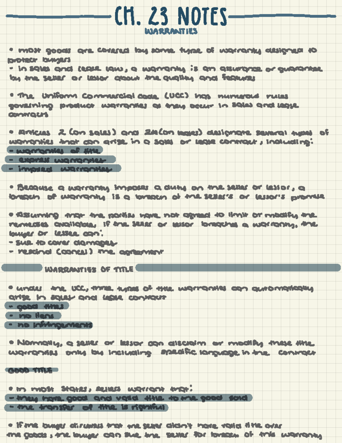 Legal Environment Of Business Ch. 23 Notes - CH . 23 NOTES WARRANTIES a ...
