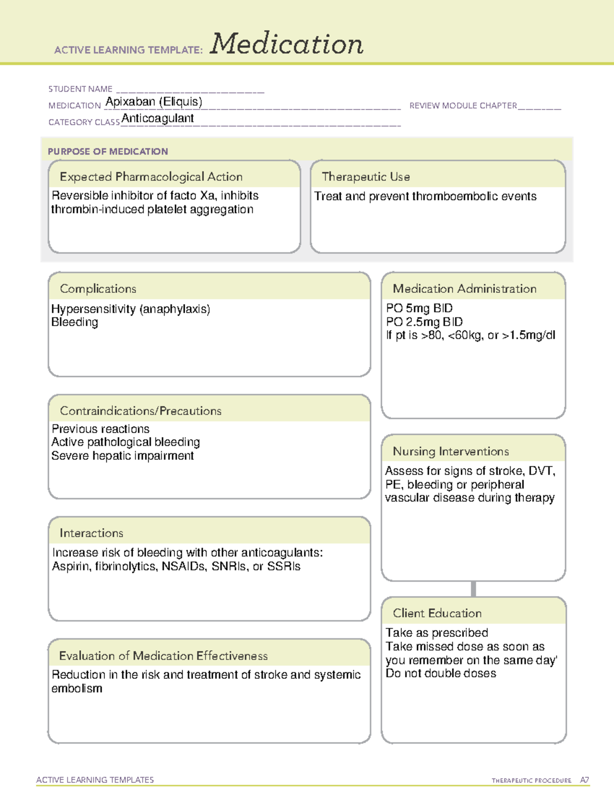 Apixaban (Eliquis) Medication module 2401 StuDocu