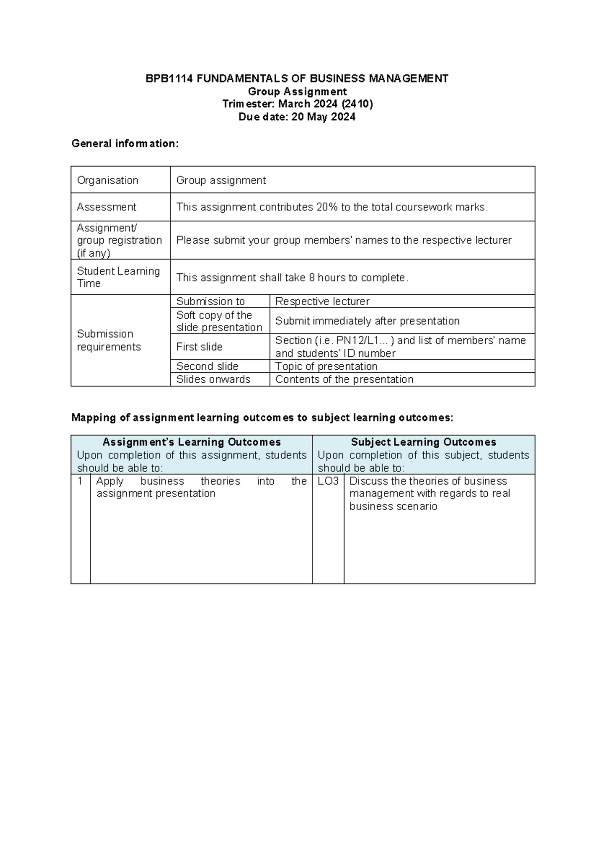 BPB1114 Assignment March 2024(Business Mgmt) - BPB1114 FUNDAMENTALS OF ...