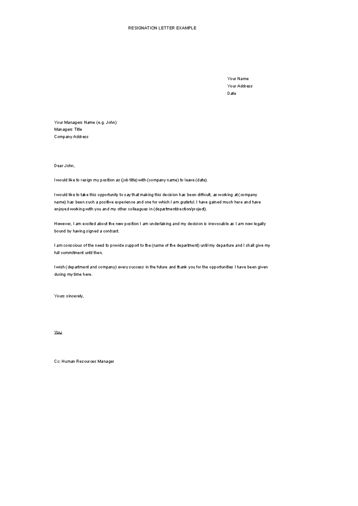 Job Reg Letters - RESIGNATION LETTER EXAMPLE Your Name Your Address ...