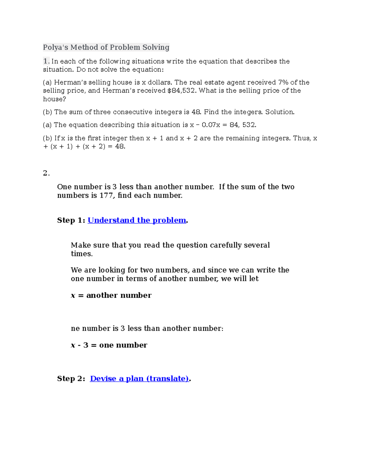 Polya brix - EXAAMPLES - Polya's Method of Problem Solving 1. In each ...