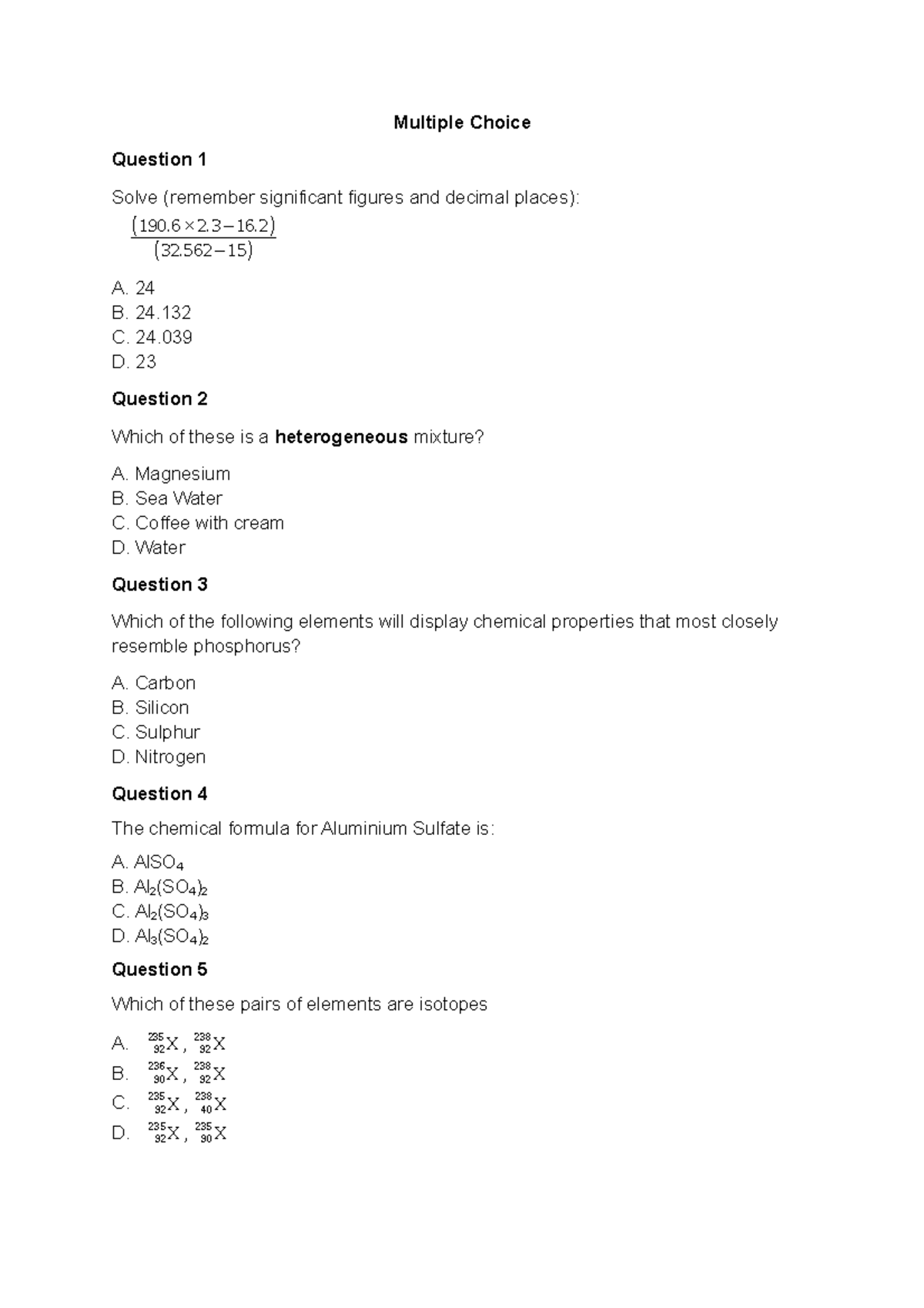 Sample/practice exam March 2016, questions - Multiple Choice Question 1 ...