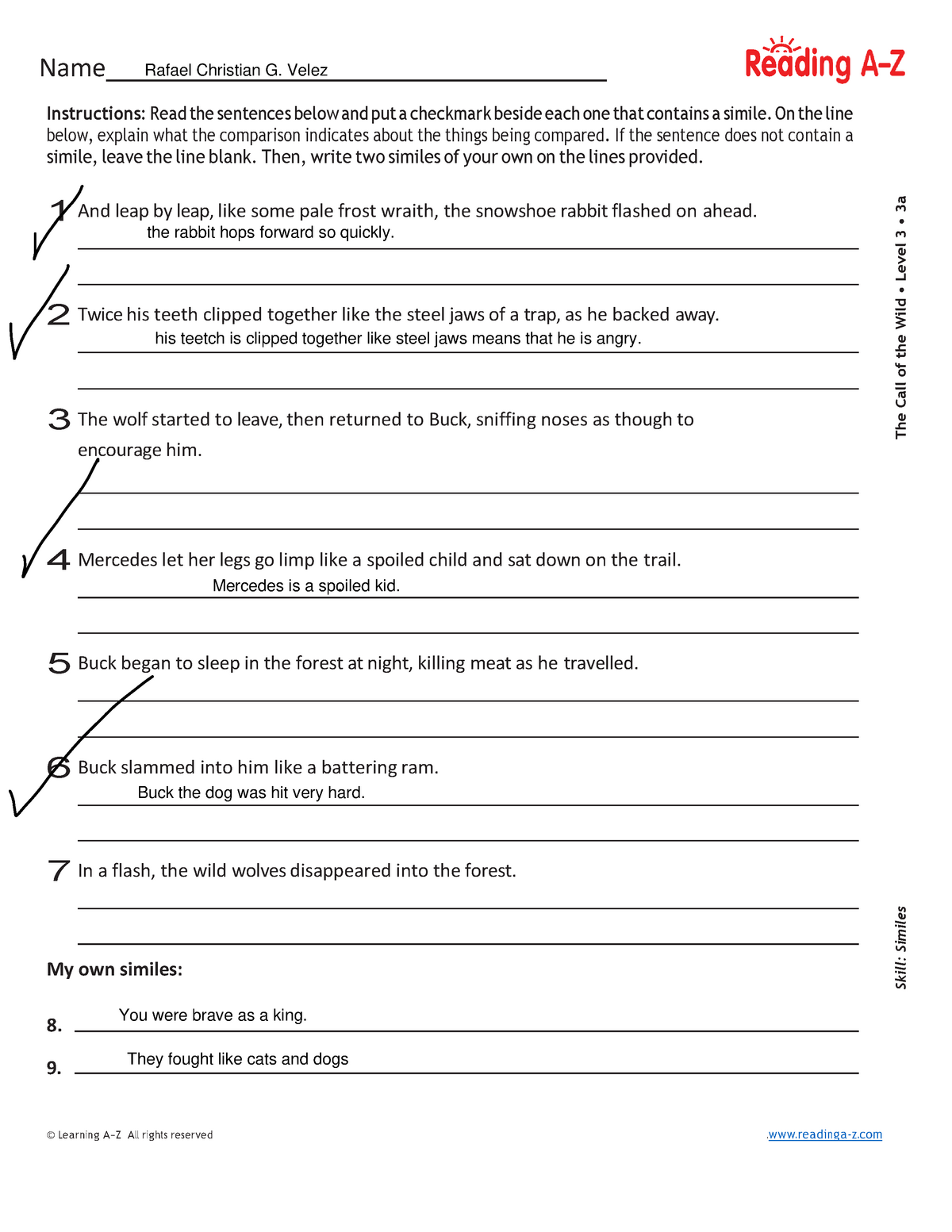 Simile - Worksheet about figurative language - Name Instructions: Read ...