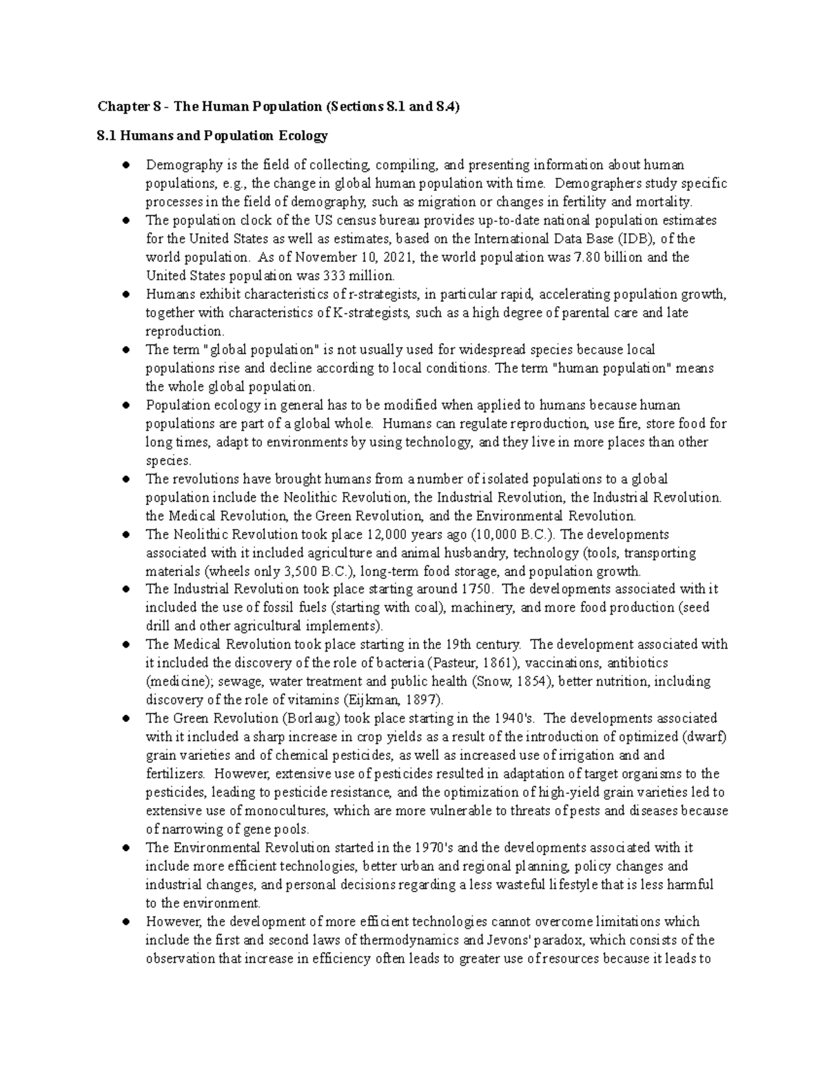 Hsev 101 - Chapters 8 & 9 - Notes - Chapter 8 - The Human Population 